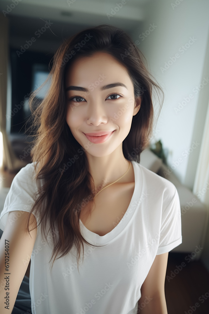 Selfie asian young woman casual clothing, smile relax friendly, wearing simple clean withe t-shirt Selfie asian young woman casual clothing, smile relax friendly, wearing simple clean withe t-shirt