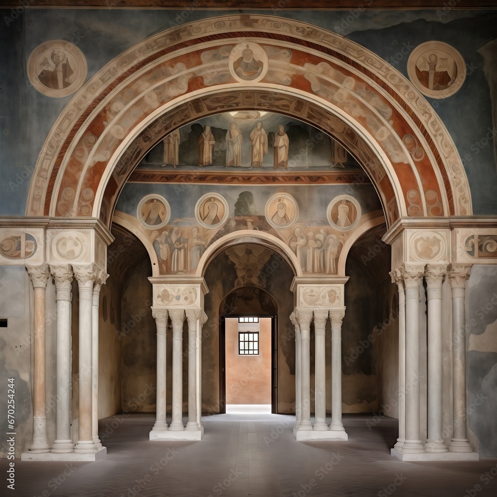 Giotto paint style, architecture with arch, ancient fresco style, arch, architecture