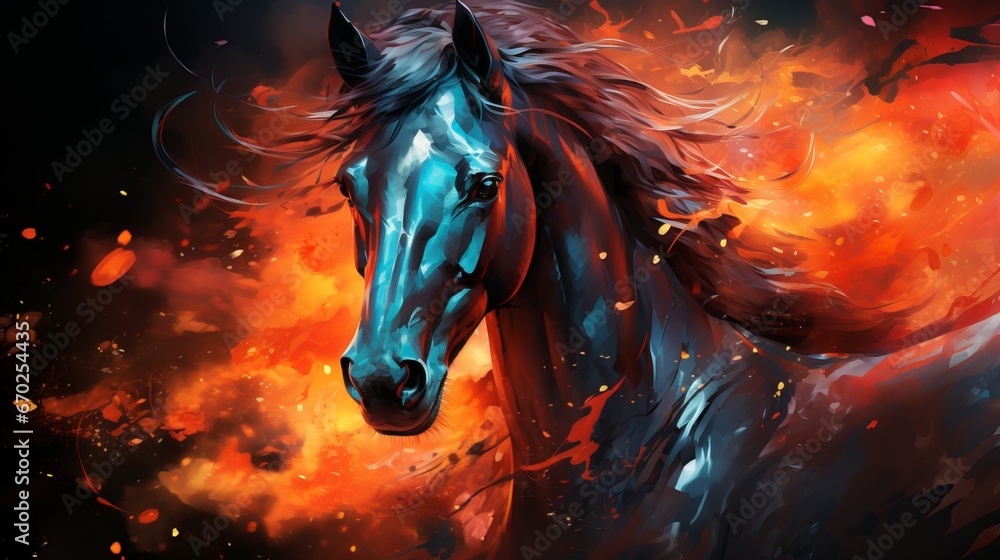 Illustration of a horse painting with flame on a dark background, suitable for wall decoration. Generative ai Illustration of a horse painting with flame on a dark background, suitable for wall decoration. Generative ai