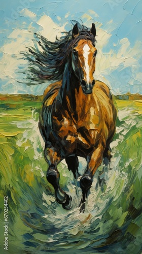 Oil painting of a horses running in the green field, suitable for wall decoration. Generative ai