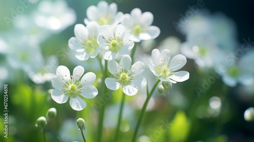 An intricately detailed macro shot of the Silverbell Saxifrage's delicate white flowers against a blurred natural background.