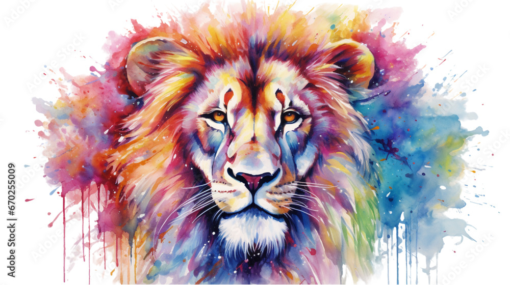 Close-up of the face of a multi-colored lion with multi-colored fur on a white background. Watercolor paints. Close-up of the face of a multi-colored lion with multi-colored fur on a white background. Watercolor paints.