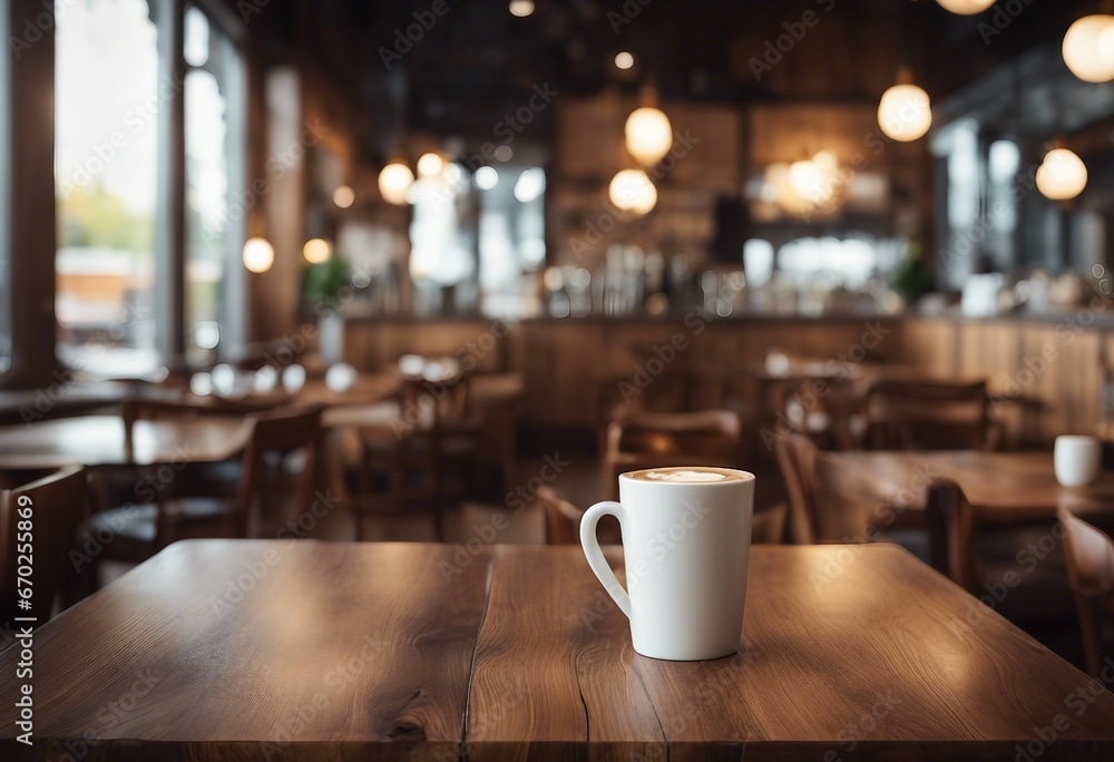 Blurred coffee shop and restaurant interior background with empty wooden table Use for products Blurred coffee shop and restaurant interior background with empty wooden table Use for products