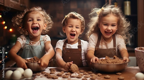 Funny cute smiling cheerful children are baking cookies in the kitchen. Creative and happy childhood concept