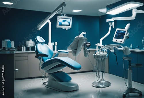 Modern Dental Clinic Dentist chair and other accessories used by dentists in blue medical light