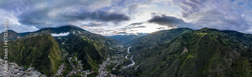 Beautiful aerial view of the Ecuadorian Andes at sunset. City of Banos.