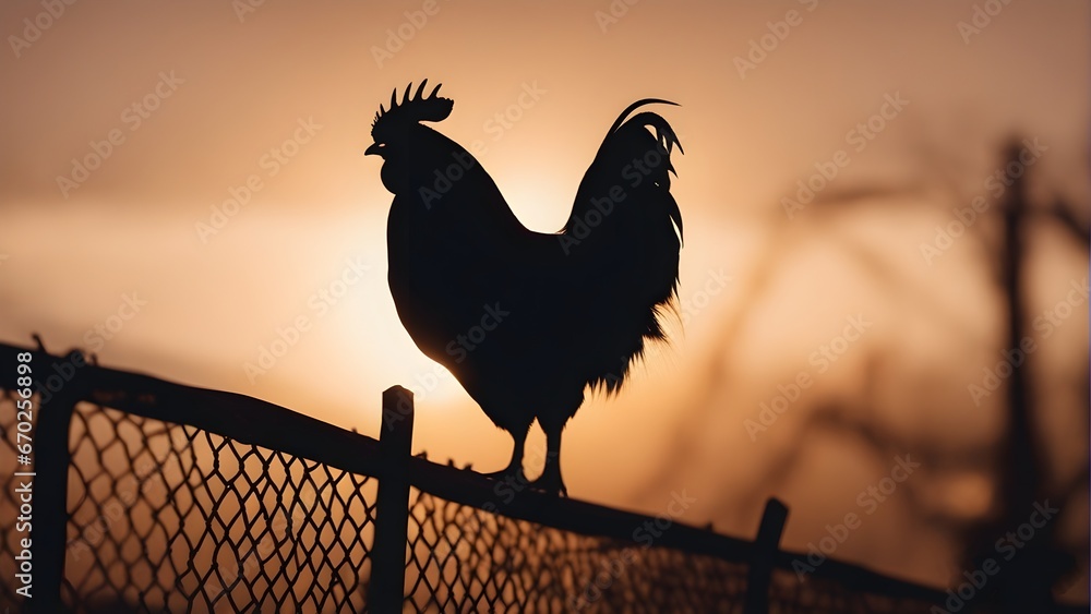 silhouette of a rooster - obrazy, fototapety, plakaty 