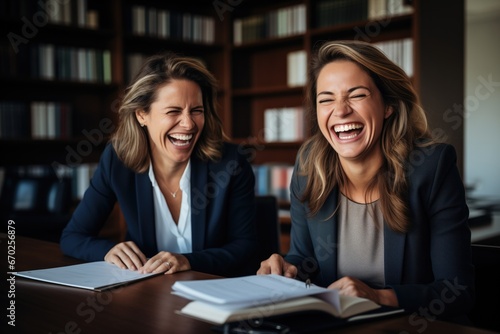 Two female business executives discussing financial legal papers in office at meeting. Smiling female Mature colleagues doing project paperwork overview