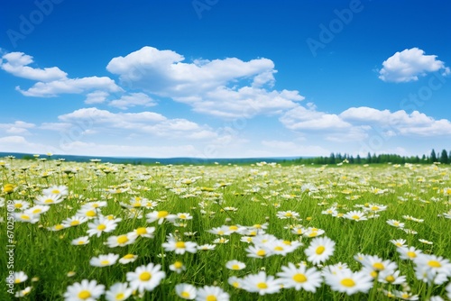A wide view of a stunning spring meadow filled with blossoming chamomile flowers. Generative AI