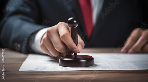 Closed up businessman hand using wooden stamping to document approve and reject document or project concept  copy space.