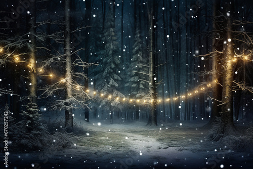 Moody festive Christmas night scene in the woods with Christmas lights and snow