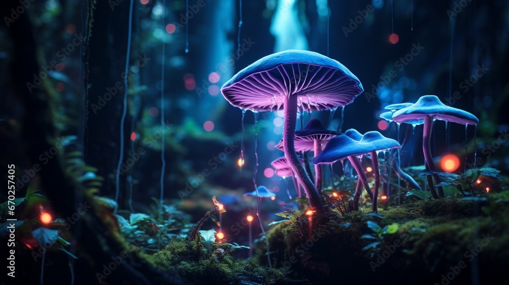 An Orchid Obscura nestled among vibrant, luminescent mushrooms in a fantastical forest, captured in full ultra HD