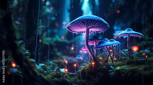An Orchid Obscura nestled among vibrant, luminescent mushrooms in a fantastical forest, captured in full ultra HD