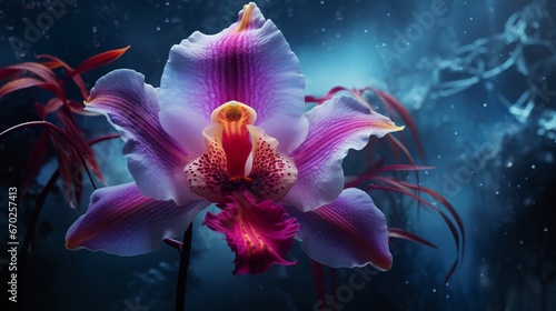 An Orchid Obscura shrouded in a cloak of iridescent mist, as if from a dream, showcasing its rich colors and textures in full ultra HD