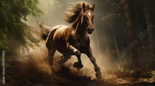 wild horse gallops in the forest. ai generated photo