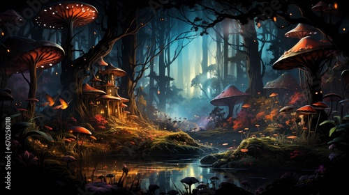 Mystical forest scene with illuminated mushrooms, magical castle, glowing lights, and serene pond reflections.