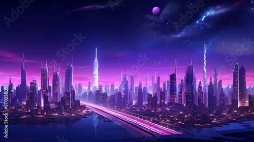 An otherworldly cityscape painted in Velvet Violet  featuring skyscrapers reaching for the stars and neon lights that illuminate the night.