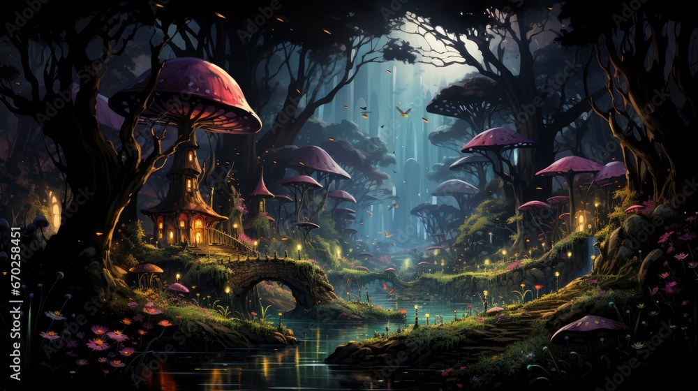 Mystical forest scene with illuminated mushrooms, magical castle, glowing lights, and serene pond reflections.