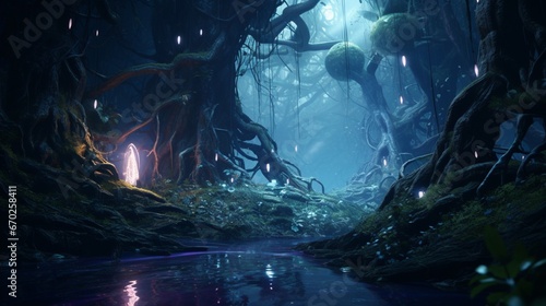 An otherworldly forest, its trees adorned with bioluminescent leaves that emit an ethereal glow in the moonlight.