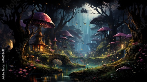 Mystical forest scene with illuminated mushrooms  magical castle  glowing lights  and serene pond reflections.