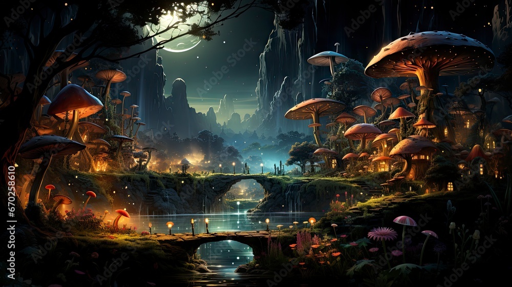 Obraz premium Mystical forest scene with illuminated mushrooms, magical castle, glowing lights, and serene pond reflections.