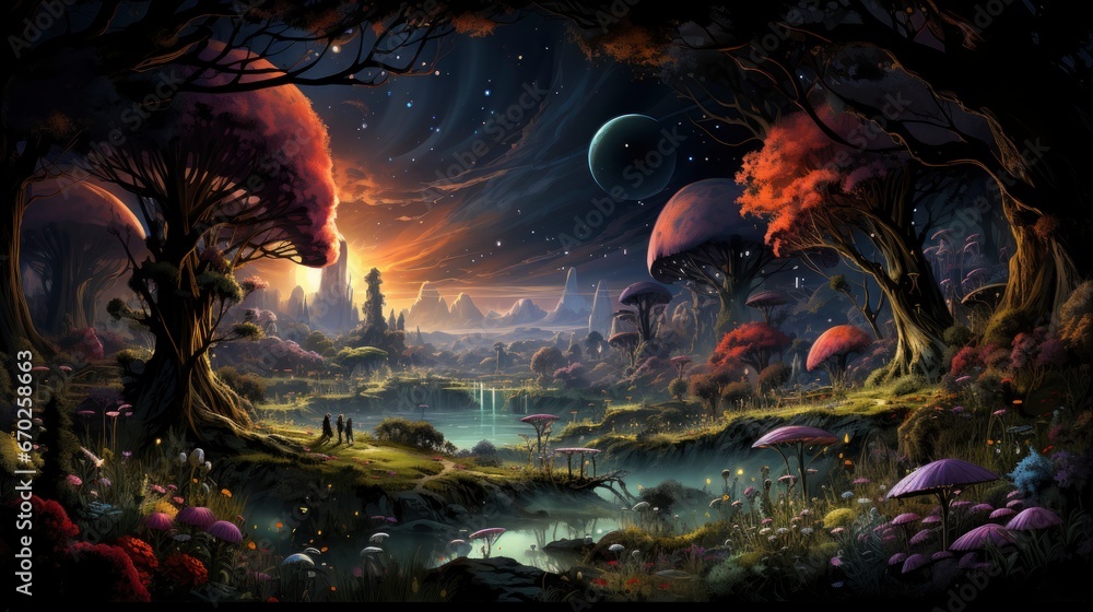 Obraz premium Mystical forest scene with illuminated mushrooms, magical castle, glowing lights, and serene pond reflections.