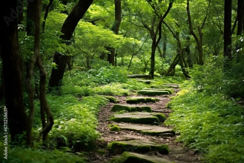 A serene path meanders through lush woods  offering tranquility and a connection with nature. Generative AI