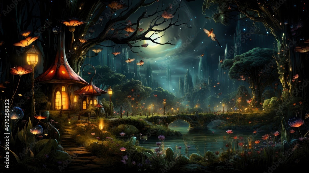 Obraz premium Mystical forest scene with illuminated mushrooms, magical castle, glowing lights, and serene pond reflections.