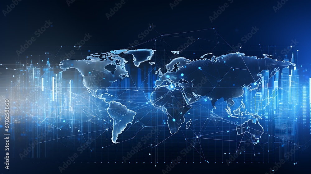 Fototapeta premium modern and minimalist image that symbolizes the global stock market's interconnectedness sleek, digital world map with nodes and lines representing international trade and stock exchanges