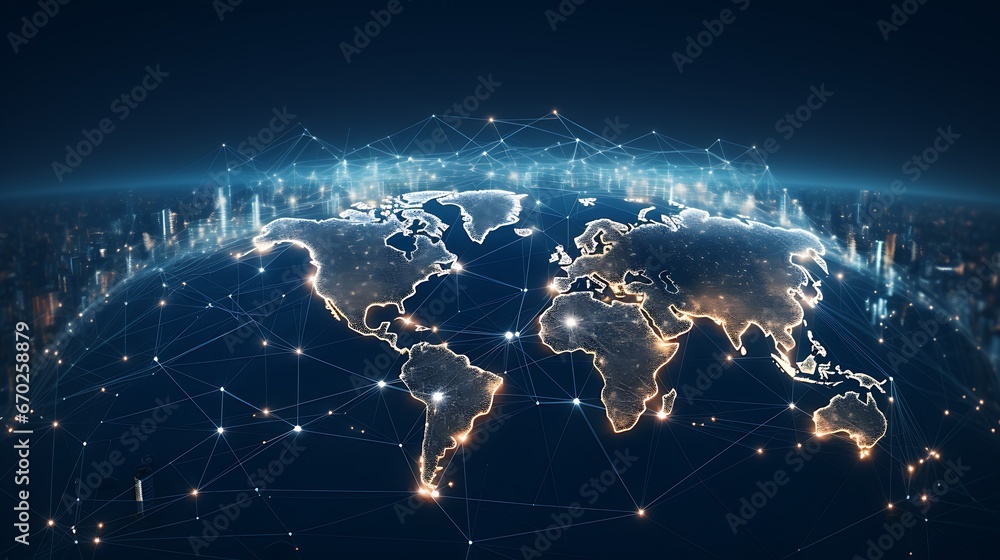 modern and minimalist image that symbolizes the global stock market's interconnectedness sleek, digital world map with nodes and lines representing international trade and stock exchanges - obrazy, fototapety, plakaty 