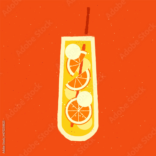 Mocktail with orange fruit. Bright drink with ice balls. Vector illustration with texture and noise in retro style. Tall glass non-alcoholic juicy beverage with straw. Alcohol citrus tropical cocktail