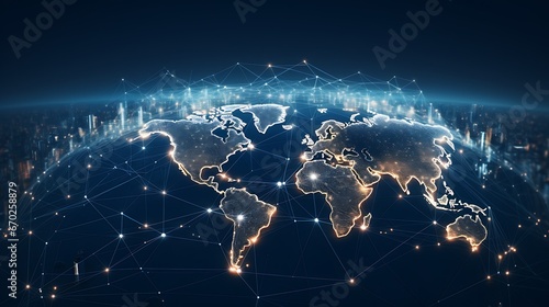 modern and minimalist image that symbolizes the global stock market's interconnectedness sleek, digital world map with nodes and lines representing international trade and stock exchanges © Alin