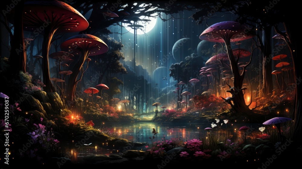 Obraz premium Mystical forest scene with illuminated mushrooms, magical castle, glowing lights, and serene pond reflections.