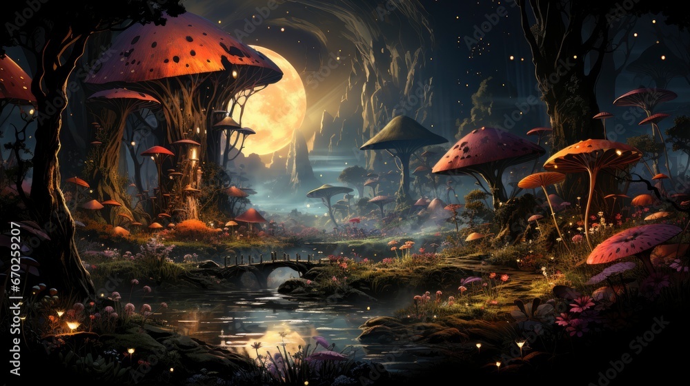 Mystical forest scene with illuminated mushrooms, magical castle, glowing lights, and serene pond reflections. Mystical forest scene with illuminated mushrooms, magical castle, glowing lights, and serene pond reflections.