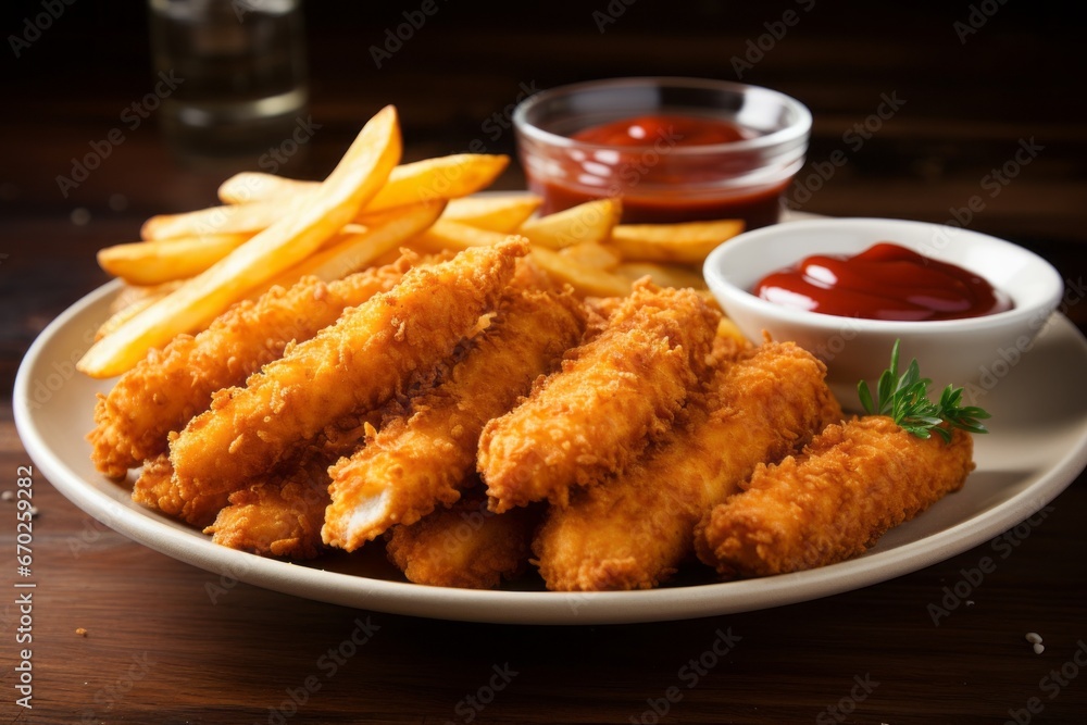 Delicious Crispy Chicken Strips. Traditional American cuisine. Popular authentic dishes. Background with selective focus Delicious Crispy Chicken Strips. Traditional American cuisine. Popular authentic dishes. Background with selective focus