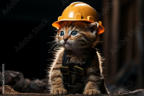 Kitten builder in professional uniform. Portrait with selective focus and copy space