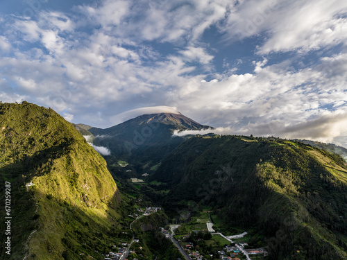 Beautiful aerial view of the Ecuadorian Andes at sunset. City of Banos.