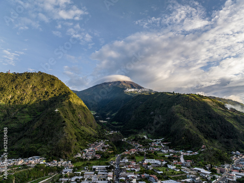Beautiful aerial view of the Ecuadorian Andes at sunset. City of Banos.