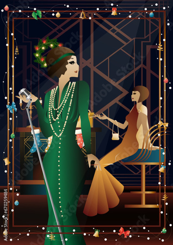 Photography Woman in a vintage dress with a retro microphone at the fireplace