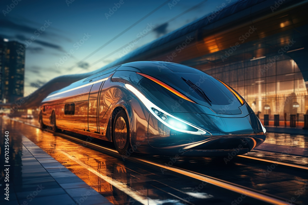 Fototapeta premium A high-speed train entering a futuristic train station, symbolizing the Concept of rail transportation infrastructure. Generative Ai.