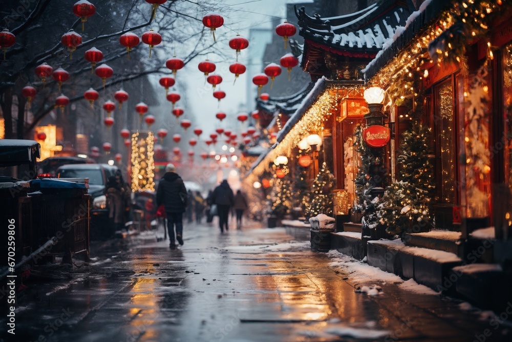 city street in winter, exteriors of houses decorated for Christmas or New Year's holiday, wet, street lights, festive environment