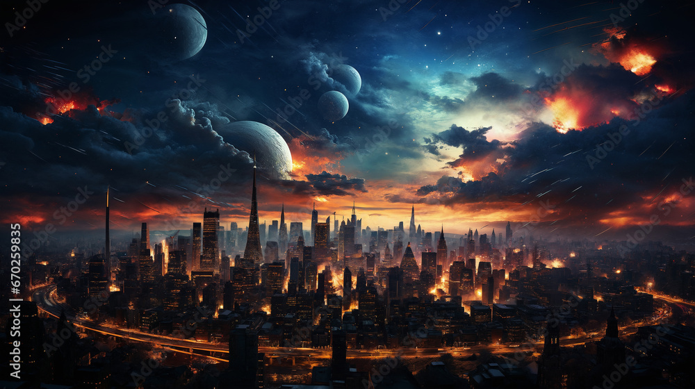 a fantasy aerial view of a modern metropolis and the space above it, a dramatic sky with planets and clouds