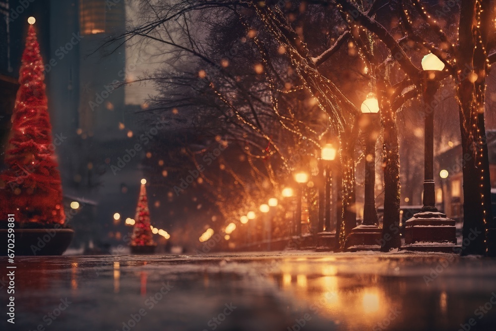 city street in winter, fir tree, exteriors of houses decorated for Christmas or New Year's holiday, snow, street lights, festive environment
