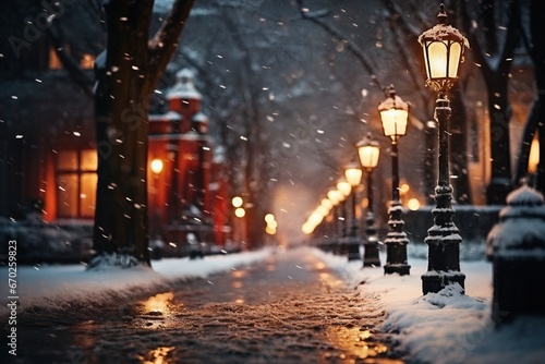 city street in winter  exteriors of houses decorated for Christmas or New Year s holiday  snow  street lights  festive environment