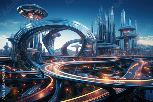 A futuristic highway interchange with traffic flowing seamlessly, illustrating the Concept of smart transportation infrastructure. Generative Ai. © Sebastian