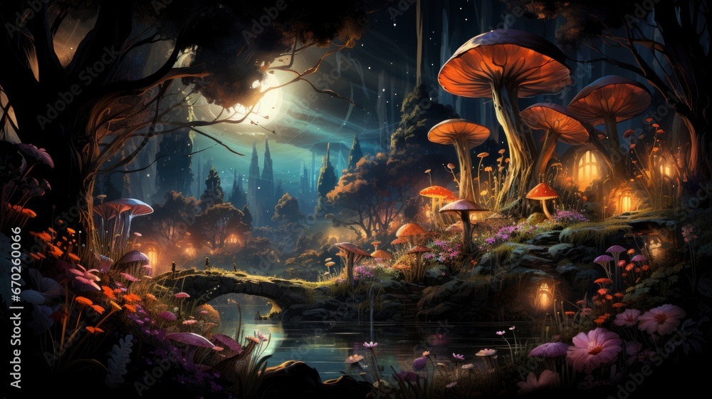 Mystical forest scene with illuminated mushrooms, magical castle, glowing lights, and serene pond reflections.