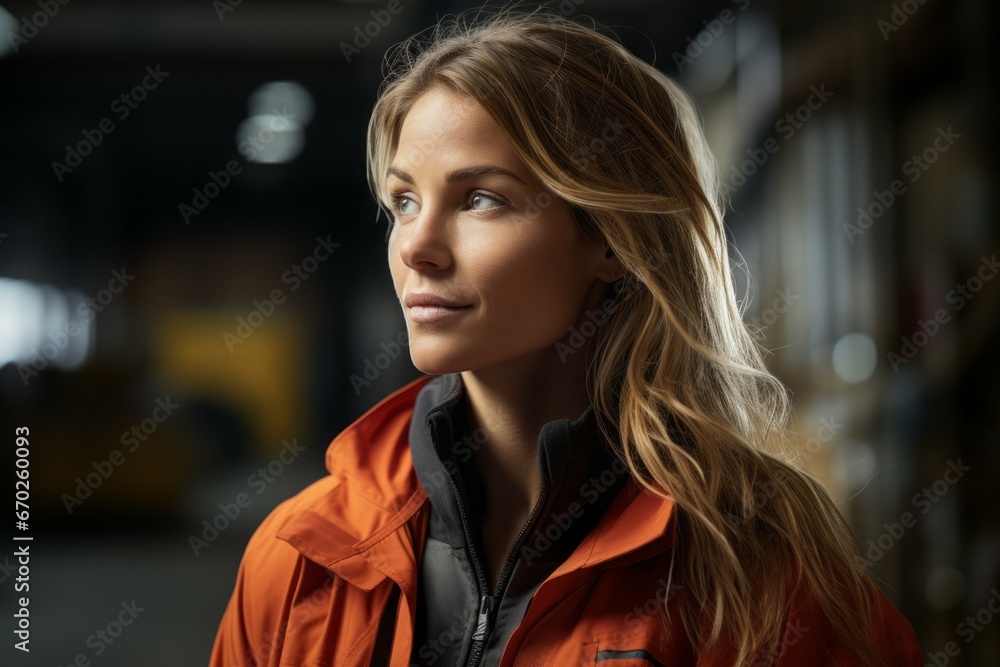 Woman professional storekeeper. Top professions concept. Portrait with selective focus and copy space Woman professional storekeeper. Top professions concept. Portrait with selective focus and copy space