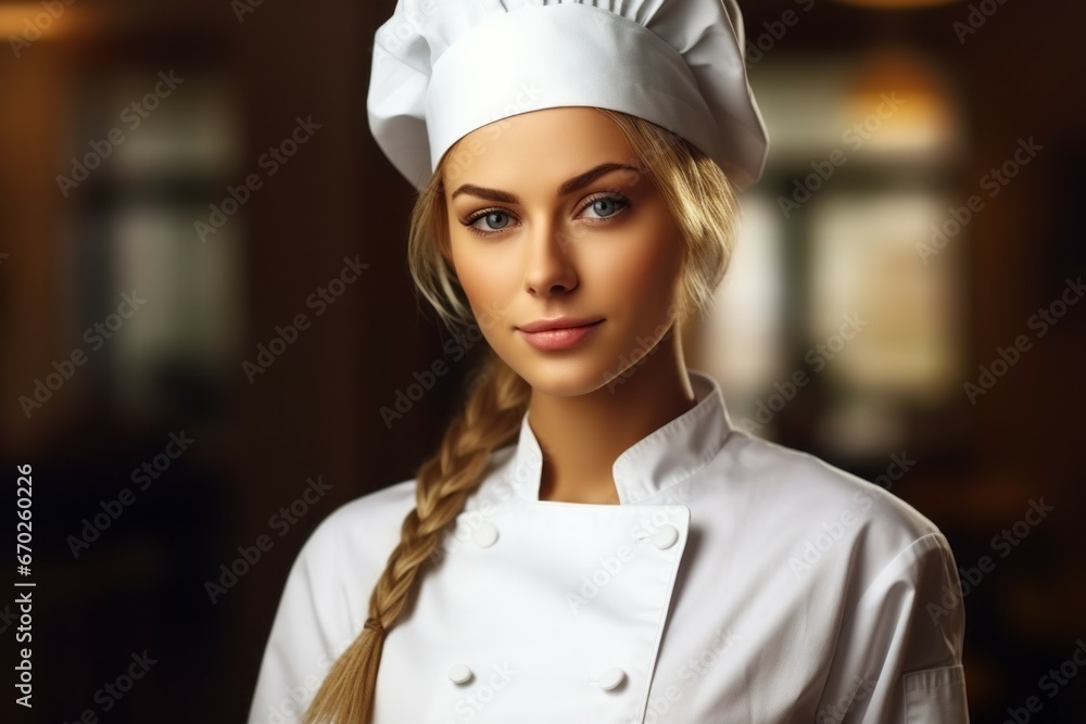 Woman cook or chef in a restaurant kitchen. Portrait with selective focus and copy space Woman cook or chef in a restaurant kitchen. Portrait with selective focus and copy space