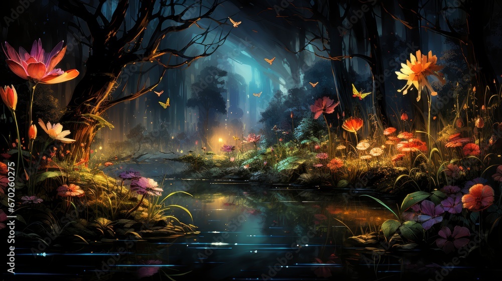 Obraz premium Mystical forest scene with illuminated mushrooms, magical castle, glowing lights, and serene pond reflections.