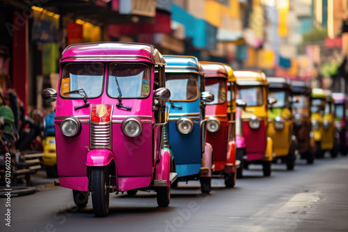 A row of colorful tuk-tuks navigating the bustling streets of Bangkok, representing the Concept of urban transportation in Southeast Asia. Generative Ai. photo